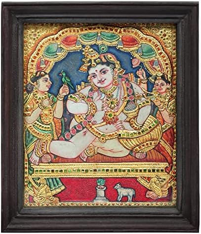 הודו האקזוטי 11 x 13 נבניטה קרישנה טנג'ור ציור | צבעים מסורתיים עם זהב 24 קראט | מסגרת עץ טיק | ז